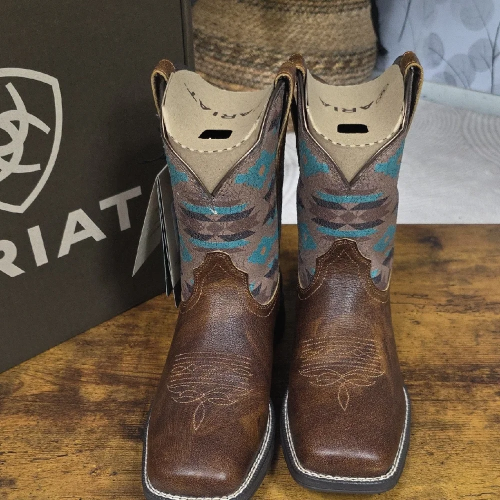Ariat Anthem Shortie Savanna Western Boot Dry Taupe Turquoise Aztec - Size 7 - Picture 6 of 14